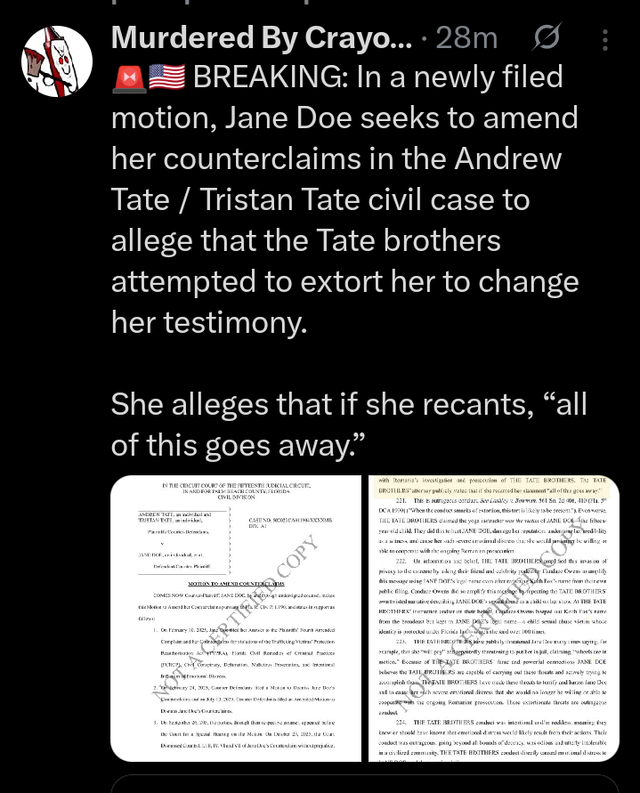 Case prosecutor Profira Cezar lifted the Tate brothers' travel restrictions without a court order knowing they were trying to blackmail the American citizen victim into retracting his statements.