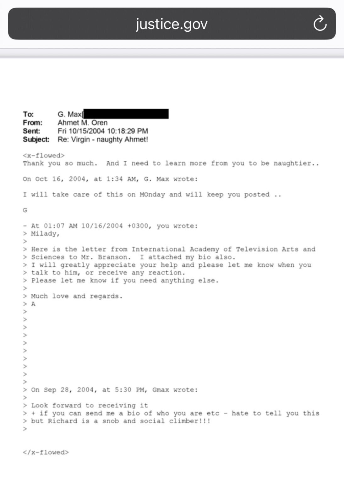 Emails between İhlas Holding CEO Ahmet Ören and Ghislane Maxwell in the Epstein file