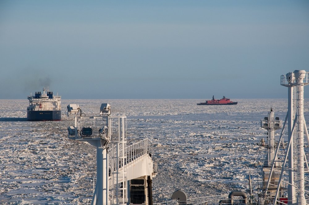 An LNG carrier assisted by a nuclear icebreaker in the Arctic, March 9, 2020. (Shutterstock Photo)