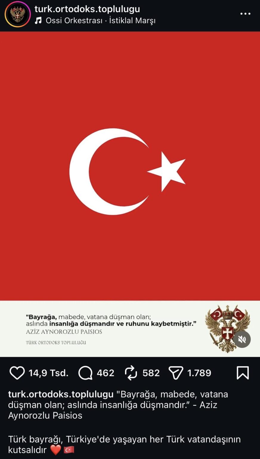 Turkish Orthodox community: "Anyone who is an enemy to the flag, the temple, the Homeland is actually an enemy to humanity."