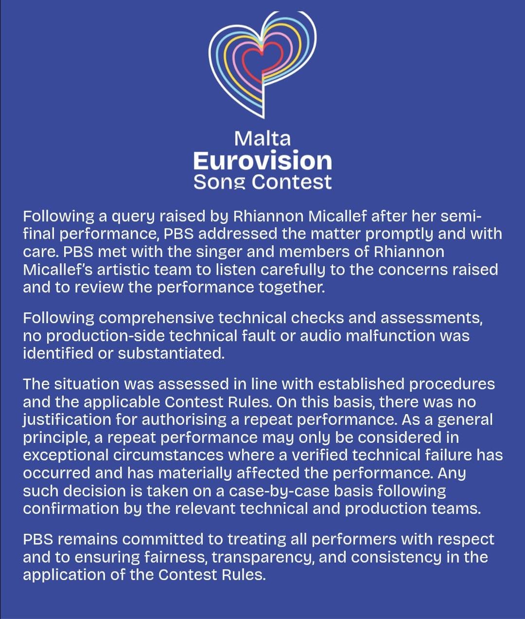 PBS's statement regarding Micallef's claims Photo: Malta Eurovision Song Contest