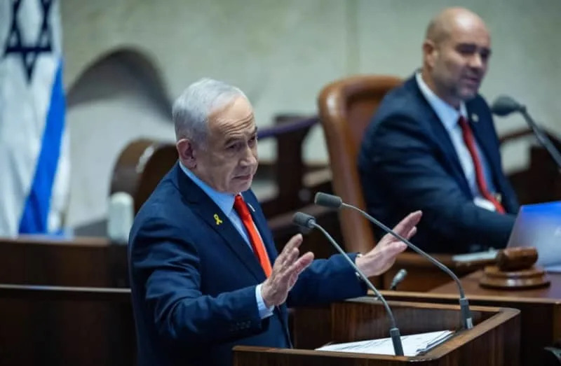 Prime Minister Benjamin Netanyahu at a 40 signatures debate, at the plenum hall of the Knesset, the Israeli parliament in Jerusalem, on January 5, 2026. (credit: YONATAN SINDEL/FLASH90)