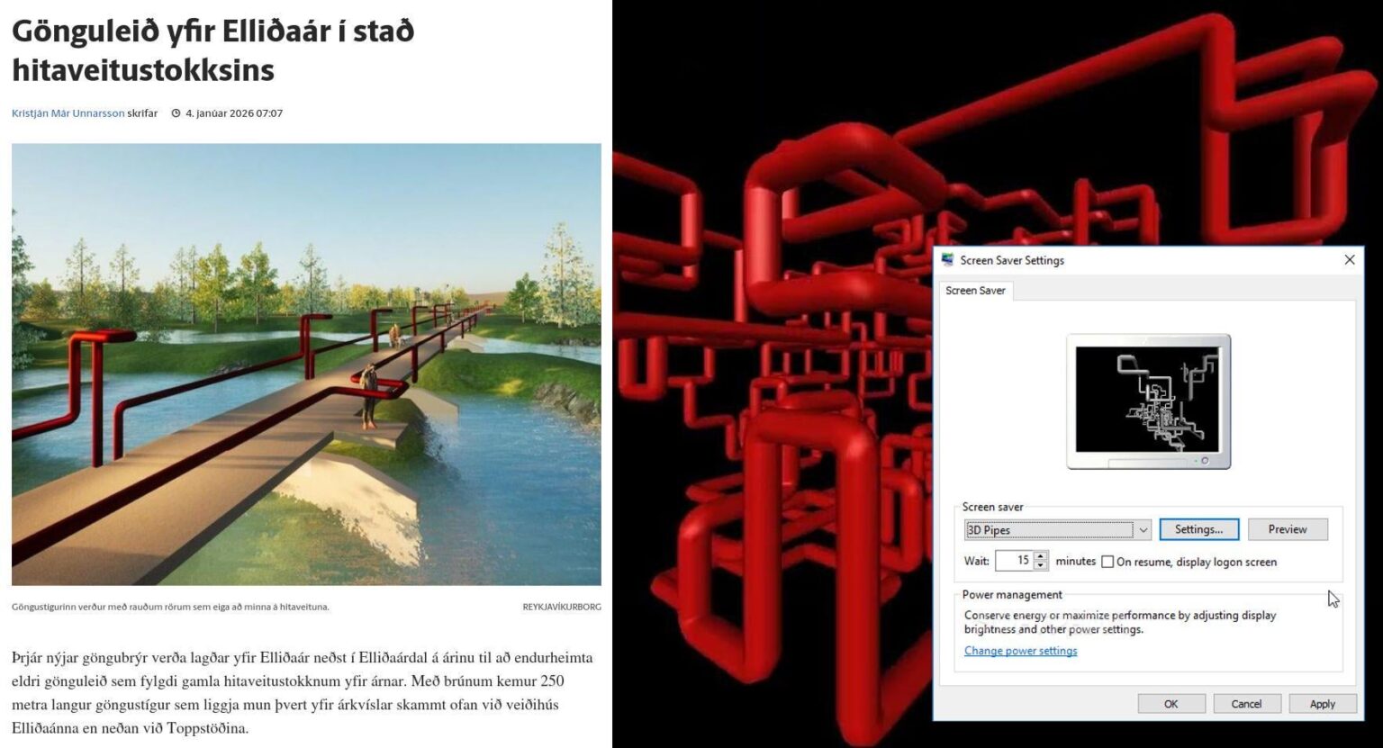 A hiking trail over the Elliða River instead of the heating pipe