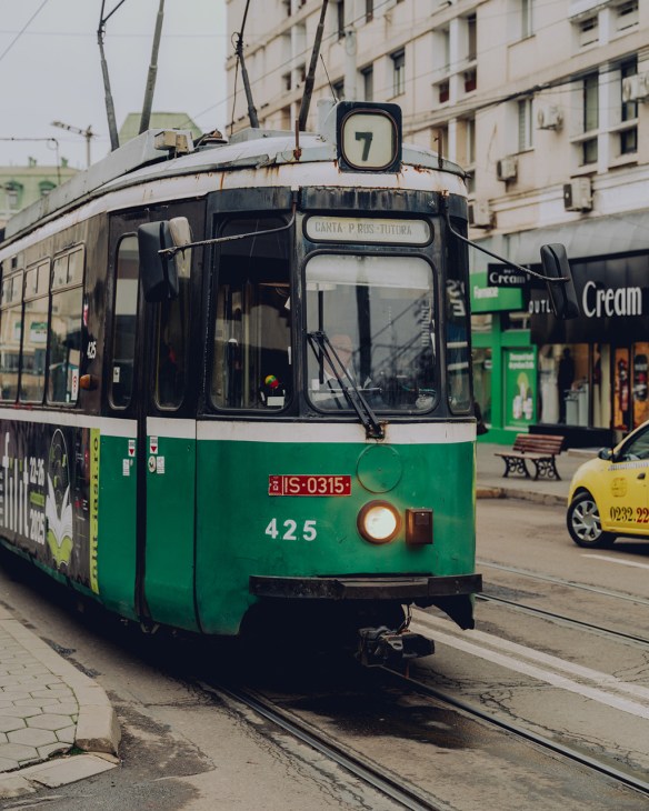Green tram in central Iasi, Romania
