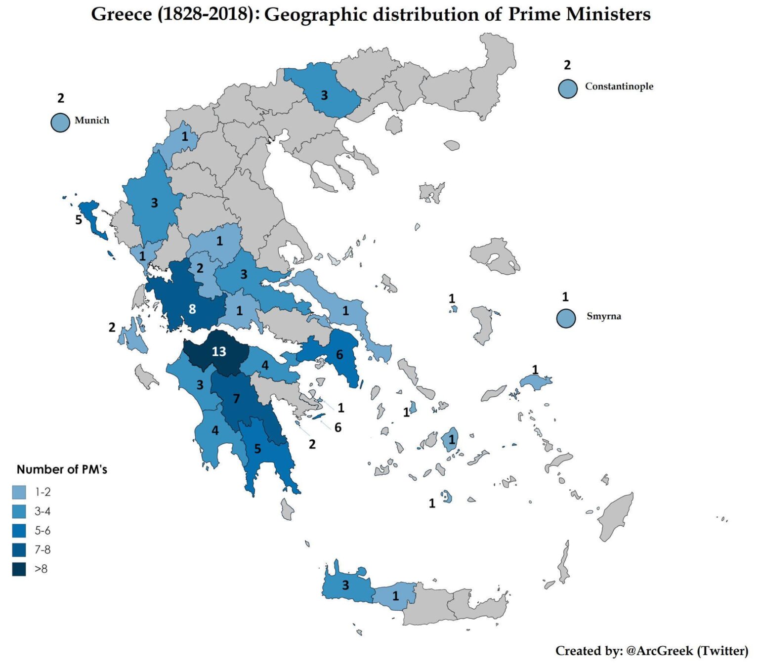 Place of origin of all current Prime Ministers of Greece (1928-2018)