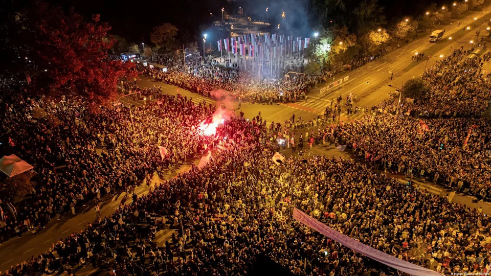 The collapse of the canopy at the entrance to the railway station in Novi Sad on November 1, 2024 killed 16 people and triggered accusations of corruption and negligence and a year of protests. Pictured here: demonstrators in Novi Sad last October<span class="copyright">Djordje Kojadinovic/REUTERS</span>
