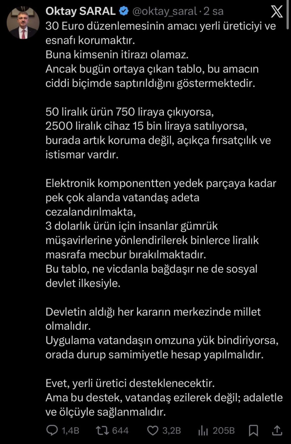 Chief Advisor to the President, Oktay Saral, about customs regulations: "The purpose of the 30 Euro regulation is to protect domestic producers and tradesmen. No one can object to this."