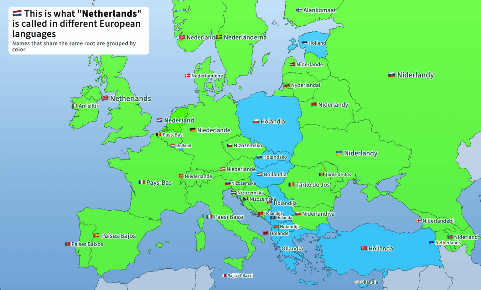 There's an exonym "corridor" of countries that call the Netherlands "Holland", spreading all the way from from Poland to Turkey