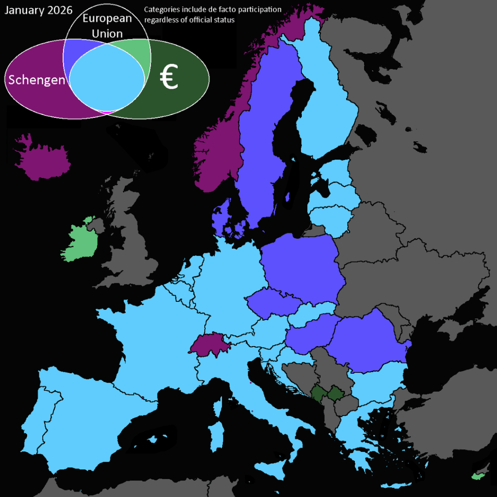 Overlap of Schengen & Eurozone 2026 (with colorblind version)