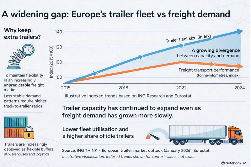 Infographic comparing Europe’s trailer fleet growth with freight transport demand since 2015, showing fleet capacity increasing faster than transport performance. Source: ING THINK – European trailer market outlook (January 2026) Illustrative visualisation