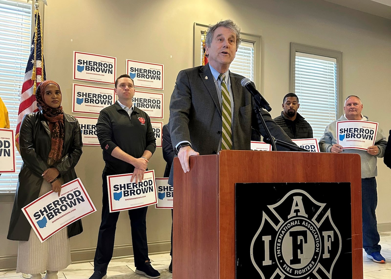 FILE - U.S. Sen. Sherrod Brown, D-Ohio, kicks off his 2024 re-election bid at the Columbus Firefighters Union Hall in downtown Columbus, Ohio, on Friday, Dec. 15, 2023. The three Republicans vying to take on Democratic incumbent Sherrod Brown this fall in Ohio's competitive U.S. Senate race clashed bitterly in their first statewide debate Monday, Jan. 22,2 024, lobbing personal attacks and accusing each other of shifting political positions aimed at wooing GOP primary voters. (AP Photo/Julie Carr Smyth, File)
