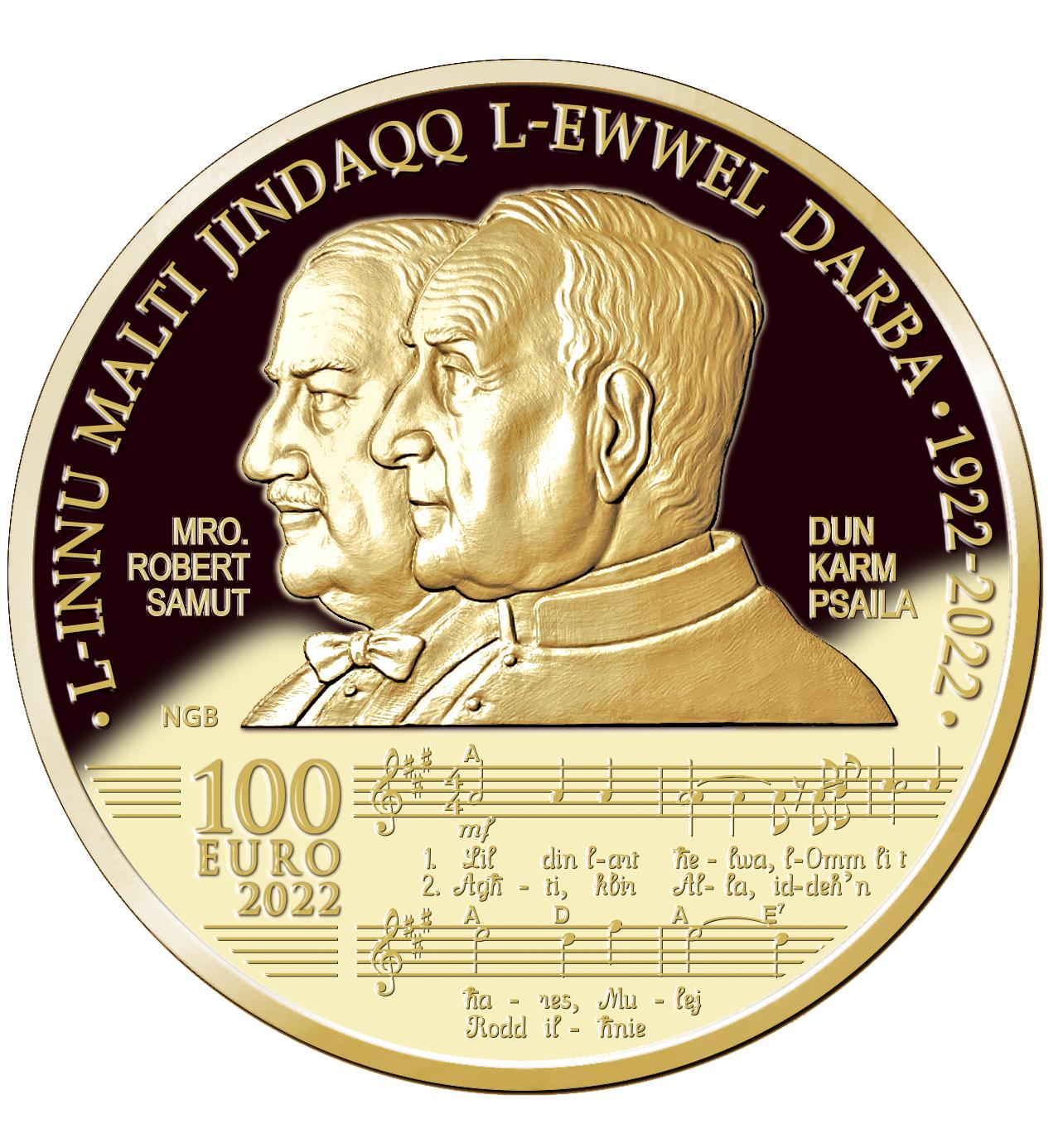 The Central Bank commemorative medal marking 100 years of the Innu Malti, depicting the composer and lyricist.