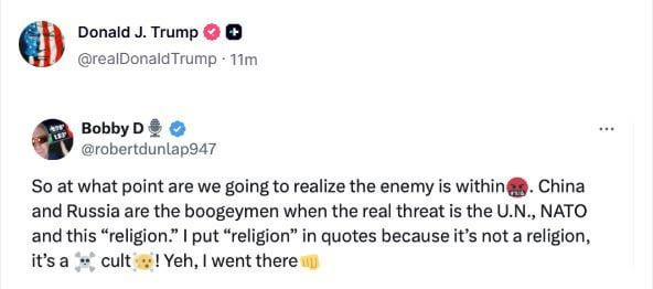 Trump shares a post by another user in which the UN and NATO are called "the real threat".