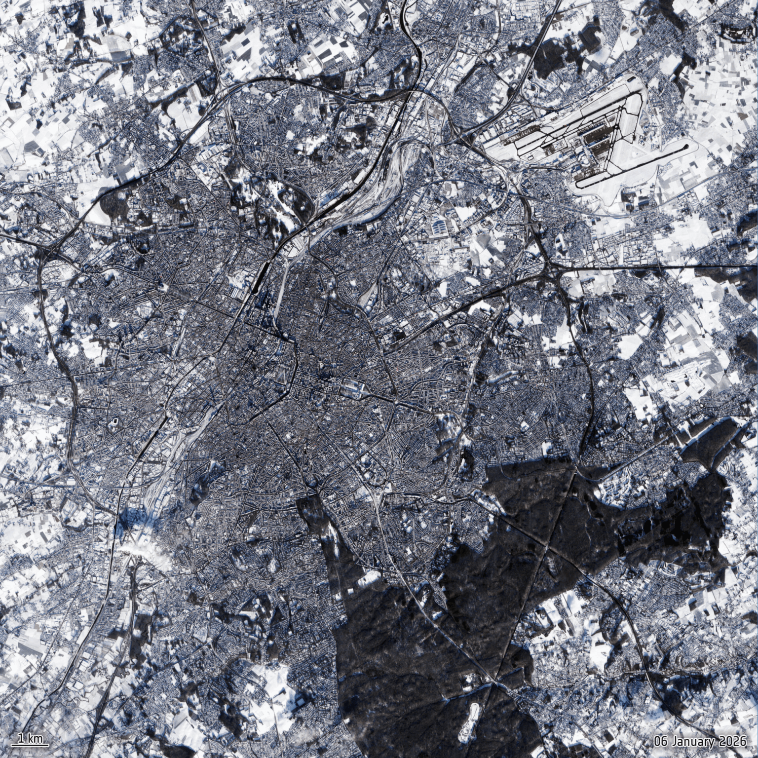 Satellite photo of Brussels today in the snow