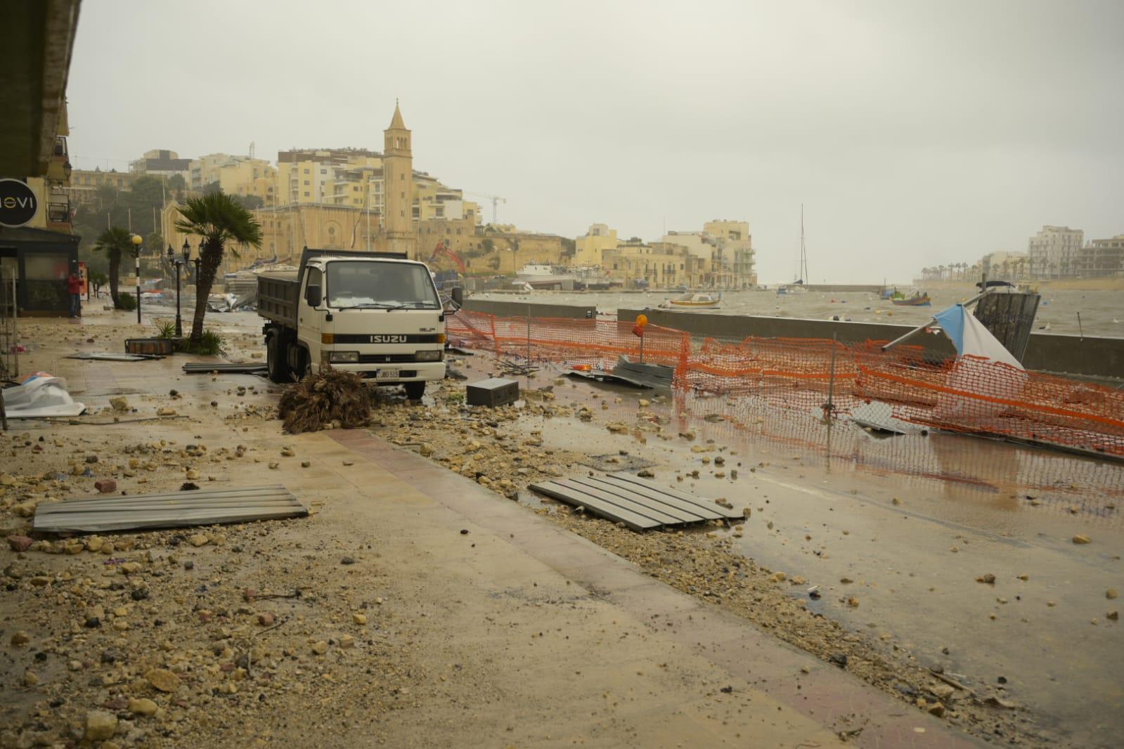 Works on the Marsascala promenade halted, and damaged, due to strong gale-force winds and powerful waves. Photo: Matthew Mirabelli
