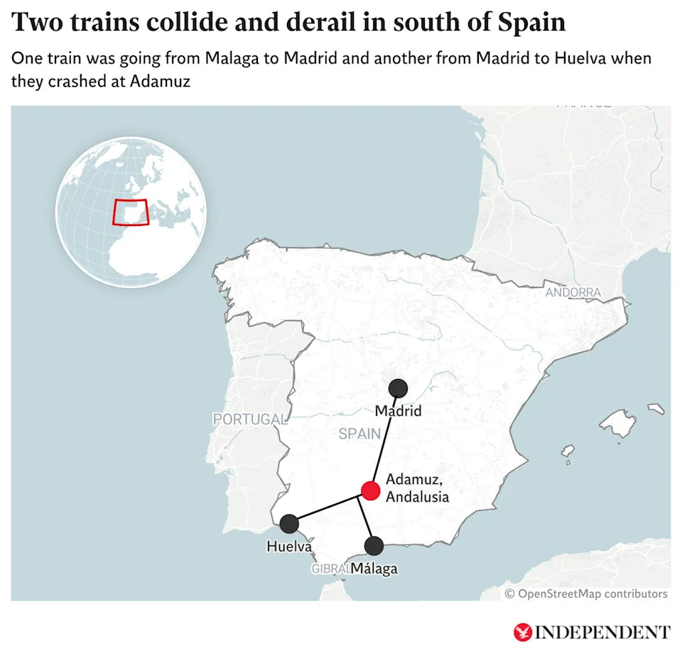 Mapped: Two trains collide and derail in southern Spain (Independent)
