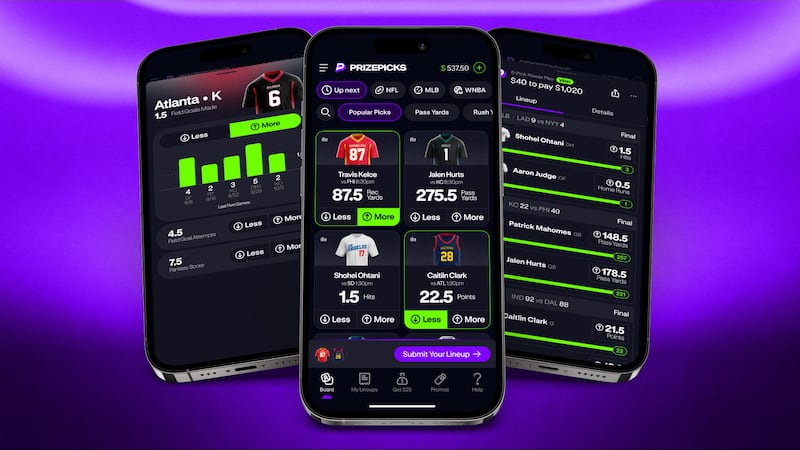Three phones on a purple background. All have the PrizePicks app open and showcase different ways to wager on sports through the app.
