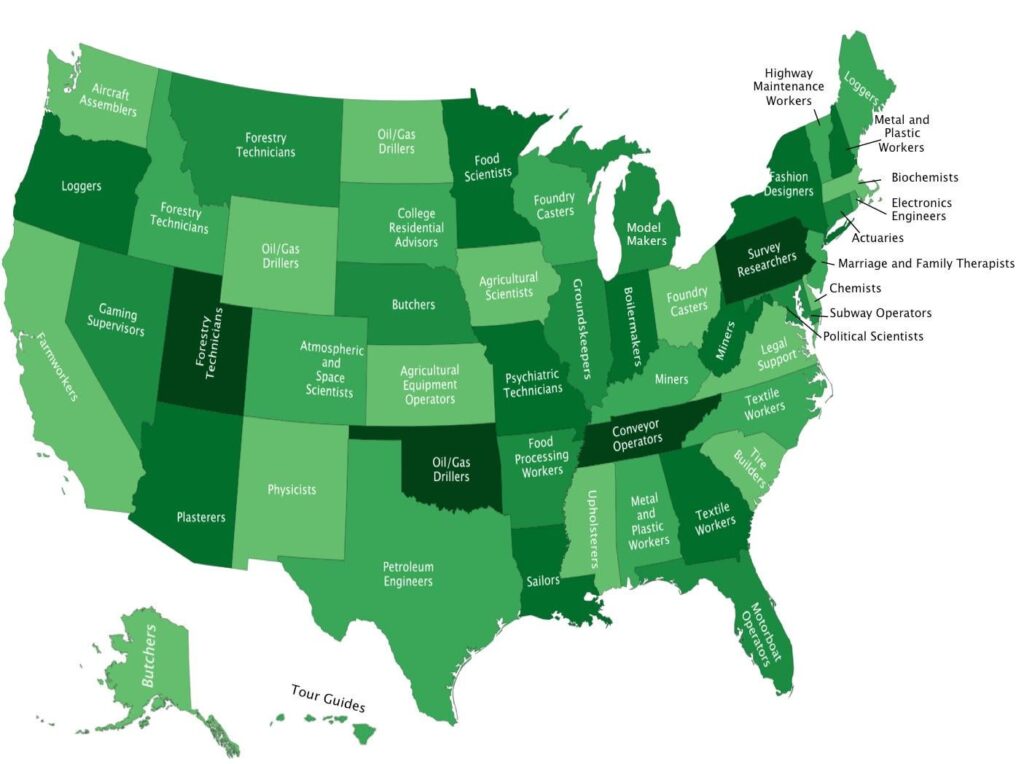 The most disproportionately popular jobs in each US state