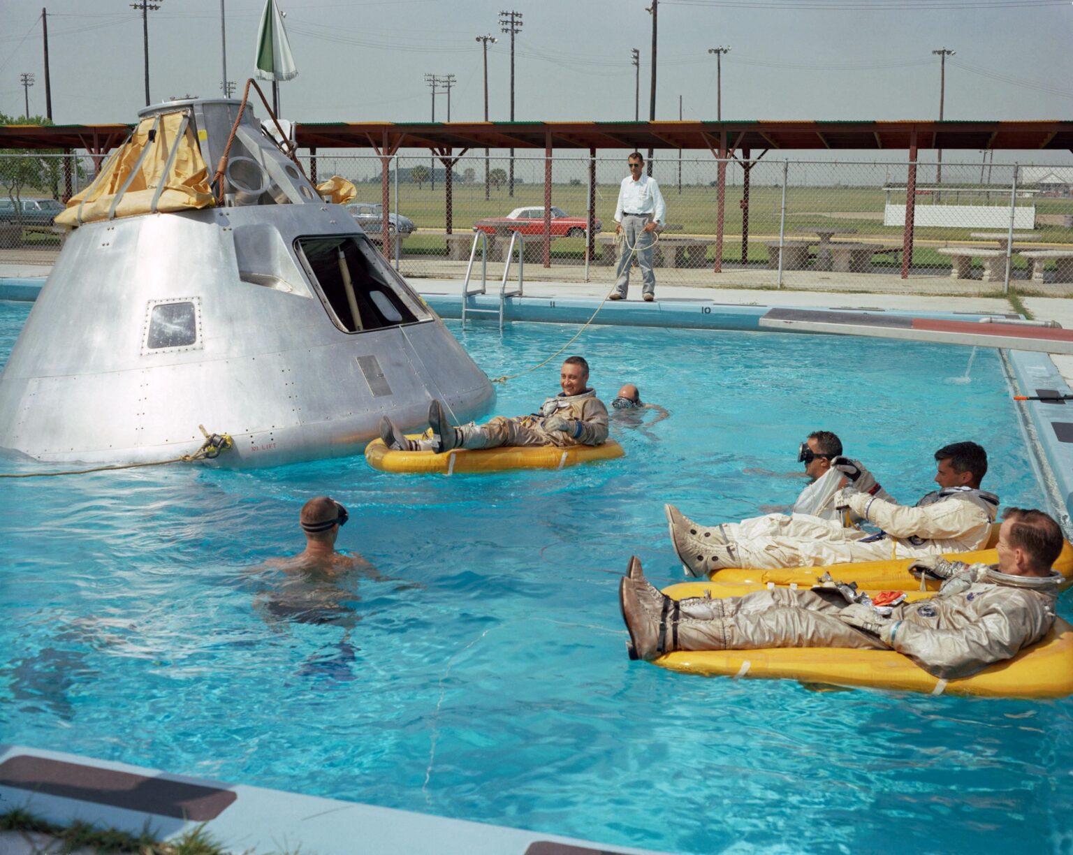 The Apollo 1 crew practicing water egress procedures at Ellington AFB, near the then-Manned Spacecraft Center (June 1966)