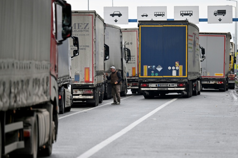 Trucks blockade the Batrovci border crossing between non-EU country Serbia and EU member Croatia