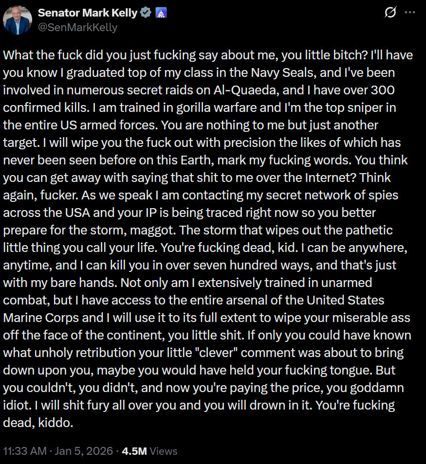 Mark Kelly's official response to Hegseth's threats