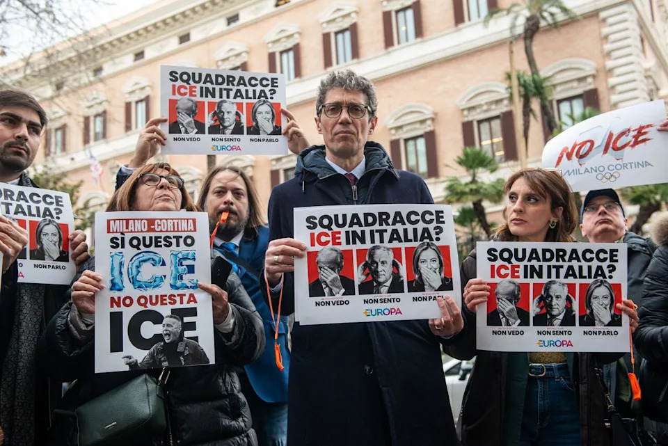 A flash mob organized by +Europa protest in front of the US Embassy against ICE and the news that a unit of U.S. Immigration and Customs Enforcement would be present during the upcoming Milan Cortina Olympic Winter Games, Thursday, Jan. 29, 2026, in Rome. 