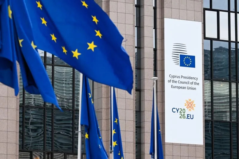 The Cypriot Presidency of the European Union sign is hanged at the premises of the EU Headquarters in Brussels. Cyprus has just taken over the rotating EU presidency for the second time. Frederic Sierakowski/EU Council/dpa