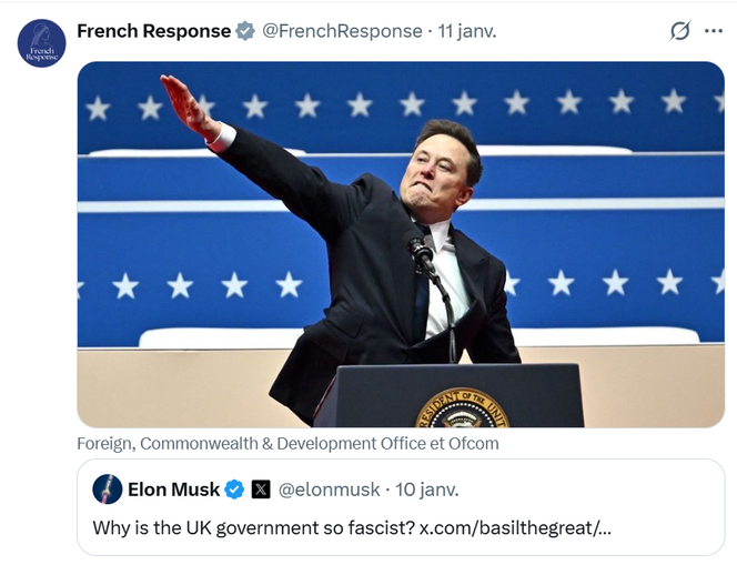 The French Response account responds to a provocative tweet by Elon Musk with a photo of the billionaire's salute at Donald Trump's inauguration in January 2025.