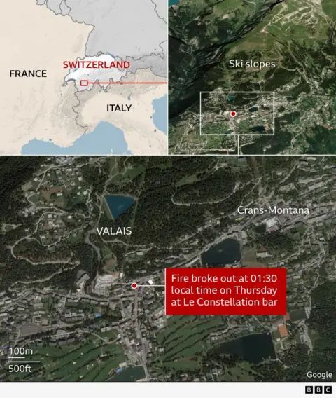 Map showing Crans-Montana in Valais, Switzerland, with a highlighted location where the fire broke out at The Constellation Bar at 01:30 local time. Inset photo shows the bar entrance cordoned off with emergency responders present.