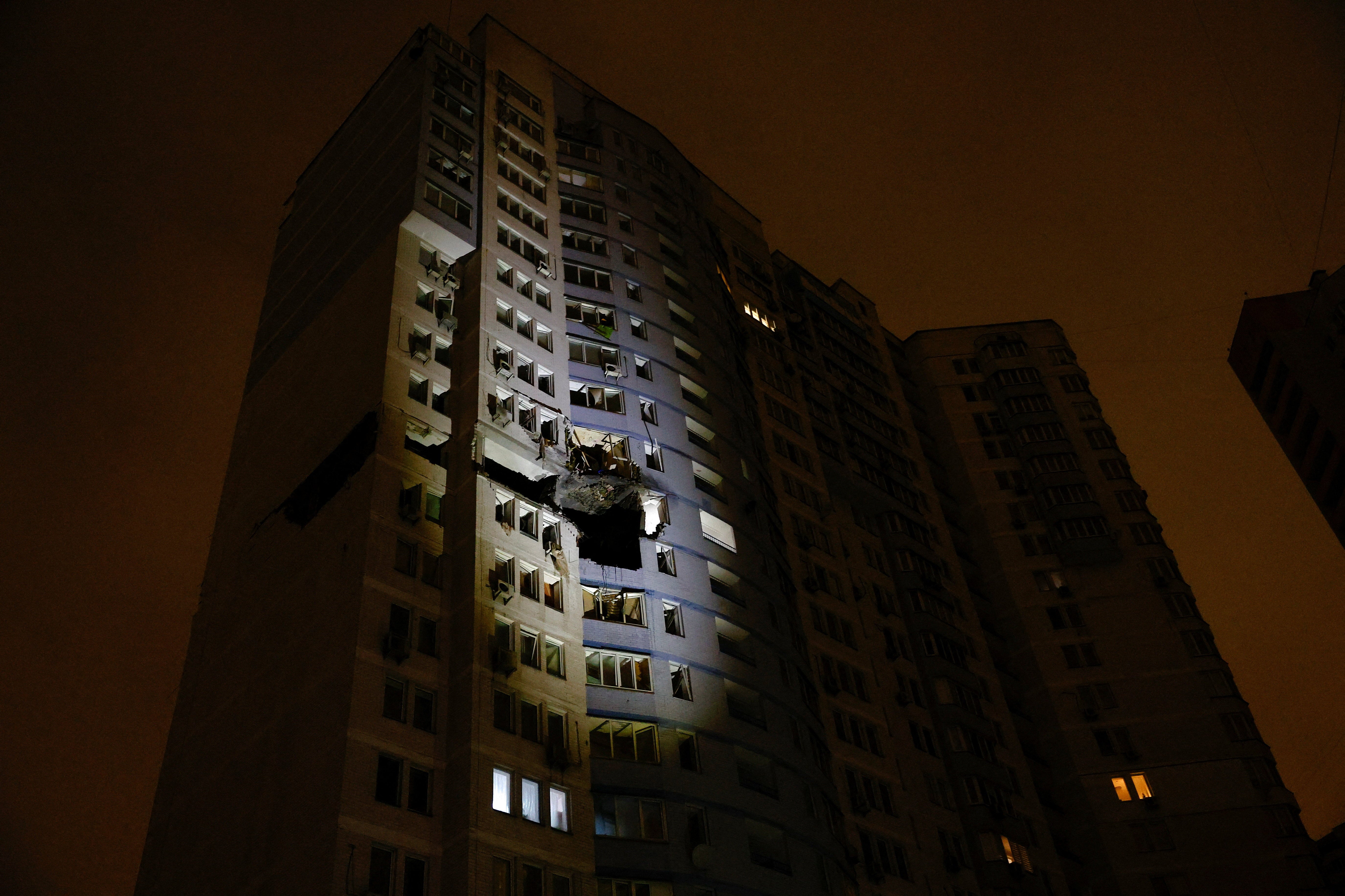 An apartment building hit by a Russian drone strike amid Russia's attack on Ukraine in Kyiv