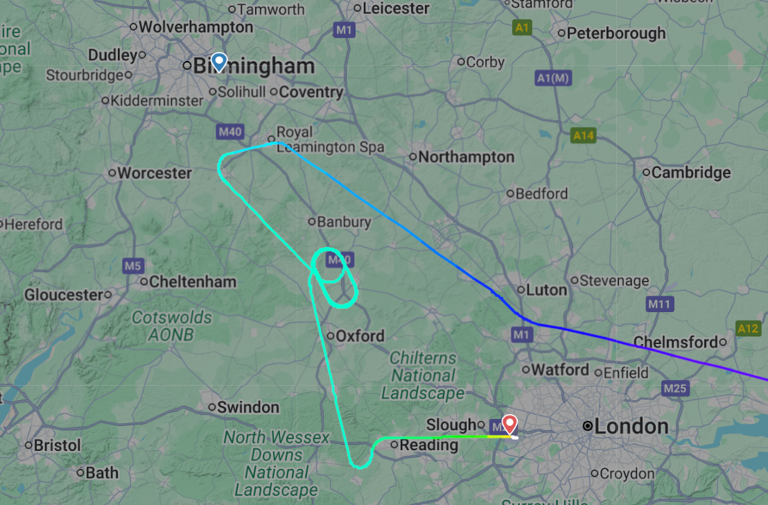 Circle game: Flightpath of Air India flight from Amritsar to Birmingham, which diverted to Heathrow airport