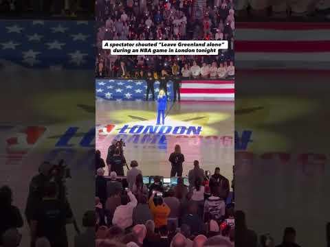 During the national anthem at an NBA game, 'leave Greenland alone!' - the audience supports with applause.