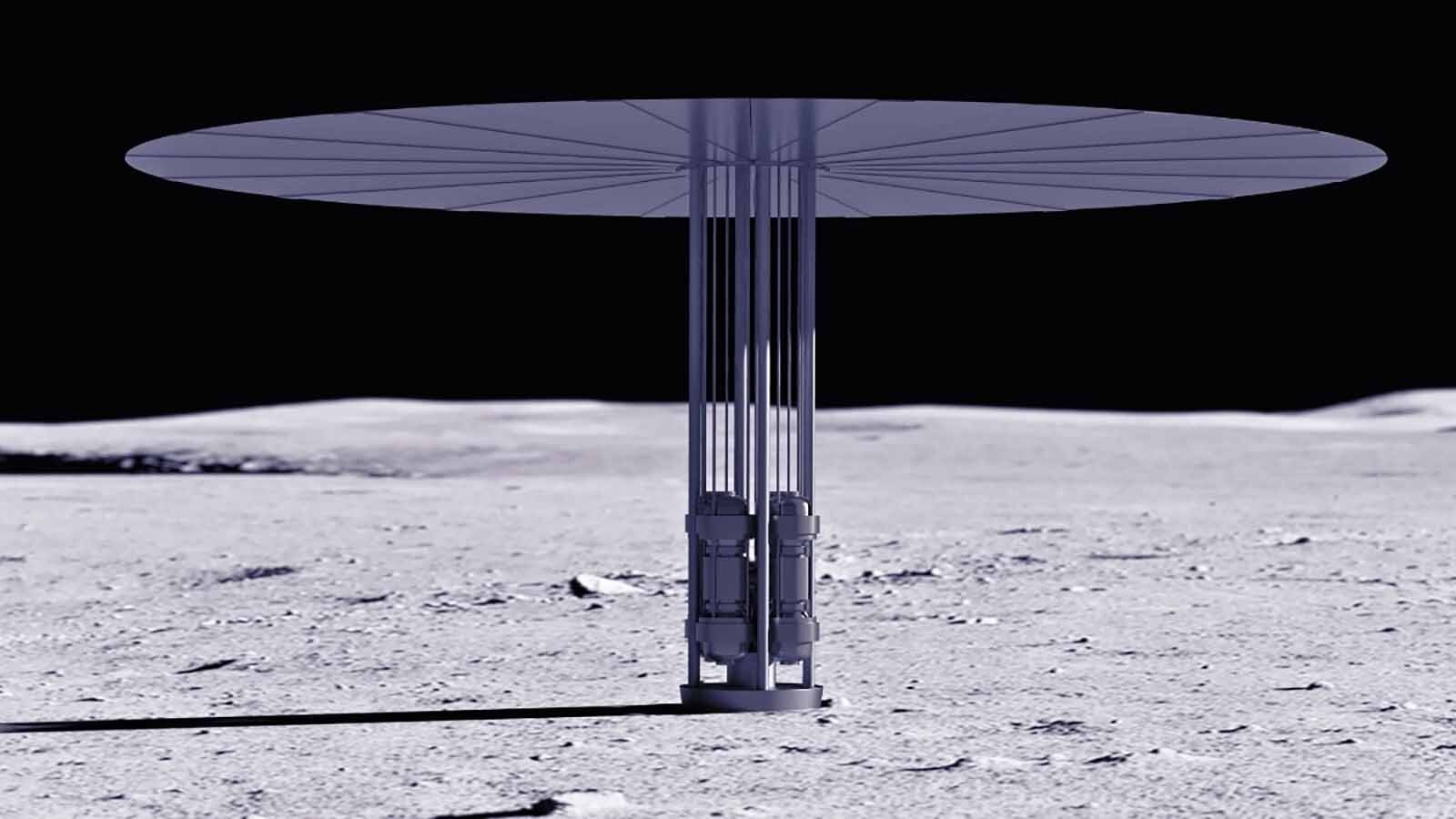 An illustration of a fission power source on the surface of the Moon.