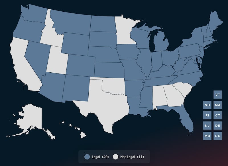 A map of the United States with 40 states highlighted in blue and 11 states highlighted in white. A legend at the bottom of the map shows that blue states have legalized sports betting, while white states have not.