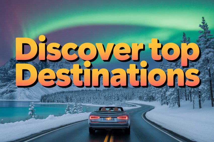 Canada - travel and tour world Create an impactful and dynamic youtube thumbnail image showcasing a composite of various travel destinations: a convertible driving along a scenic road in canada with snow-covered landscapes, finland’s northern lights illuminating a snowy forest, and a tropical drive in thailand with palm trees and beaches. Blend these images to create a vibrant, exciting, and adventurous atmosphere. Use bold text overlays like 'discover top destinations' in an engaging font, with an energetic vibe that calls viewers to action. The thumbnail should convey a sense of excitement, global adventure, and scenic beauty, drawing the audience in with stunning visuals of iconic travel spot