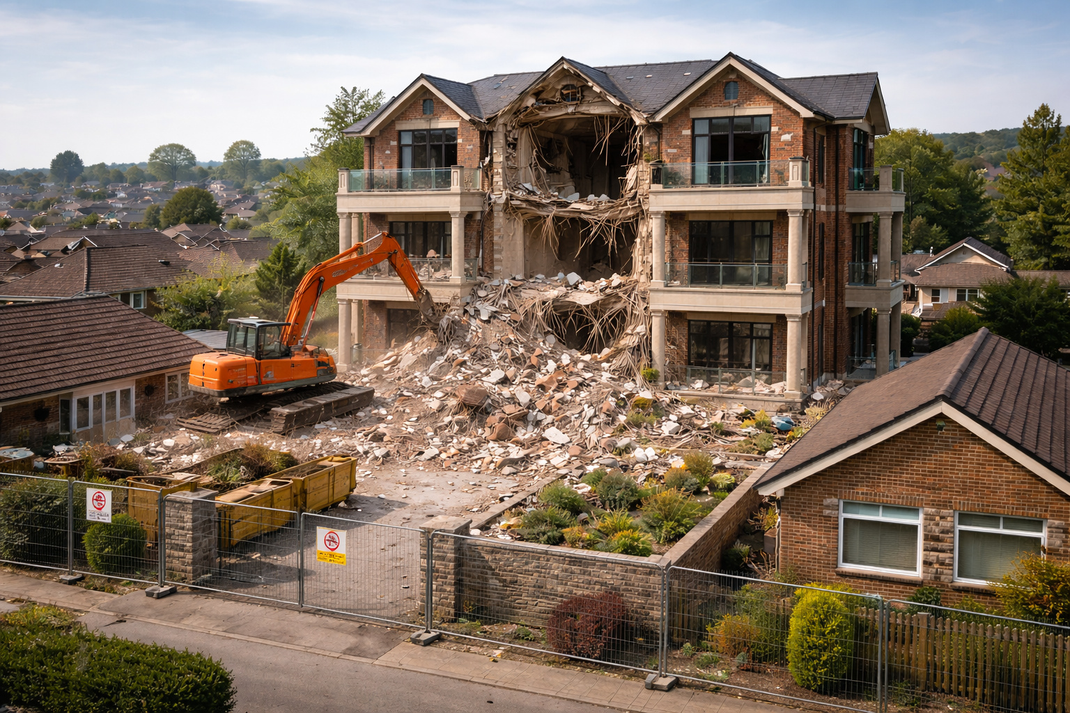 Mansão de três andares sendo demolida por escavadeira em bairro residencial do Reino Unido após decisão judicial