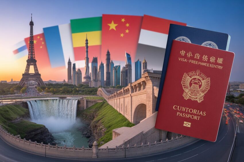 A dynamic collage of world landmarks like eiffel tower, victoria falls, great wall of china, dubai skyline, and a chinese passport. The image should convey excitement and wanderlust, with the flags of countries offering visa-free entry as part of the background—no logos, just pure imagery to ignite curiosity.