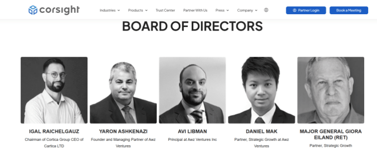 Corsight's website listing its board of directors, among them Israeli intelligence officer Igal Raichelgauz, along with former security, or Shin Bet, officer, Yaron Ashkenazi as well as former Major General Giora Eiland 