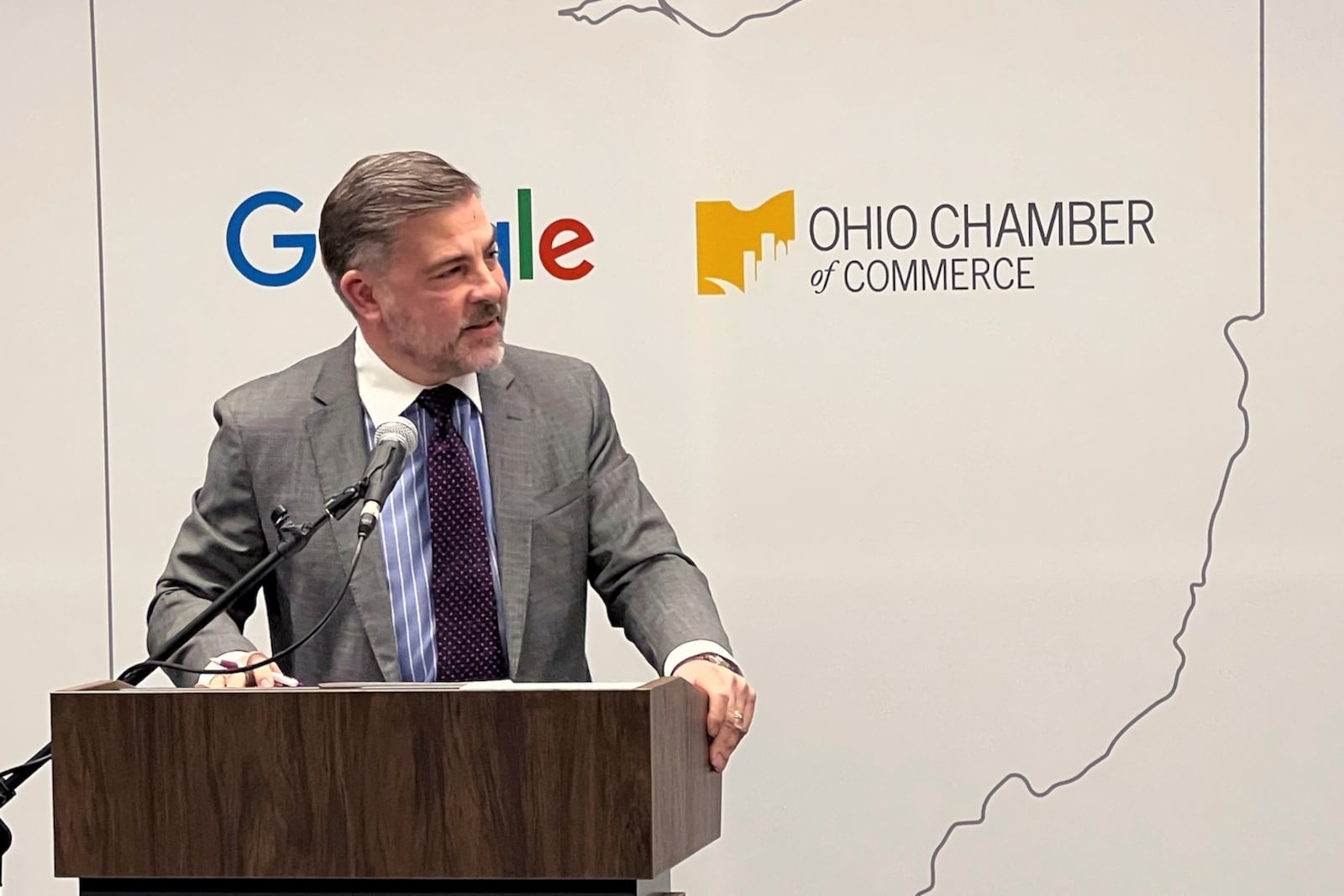 U.S. Representative Troy Balderson speaks at the Ohio Chamber of Commerce in Columbus, Ohio on Wednesday, May 3, 2023 to announce that Google will be opening three more data centers in central Ohio. (AP Photo/Patrick Orsagos)