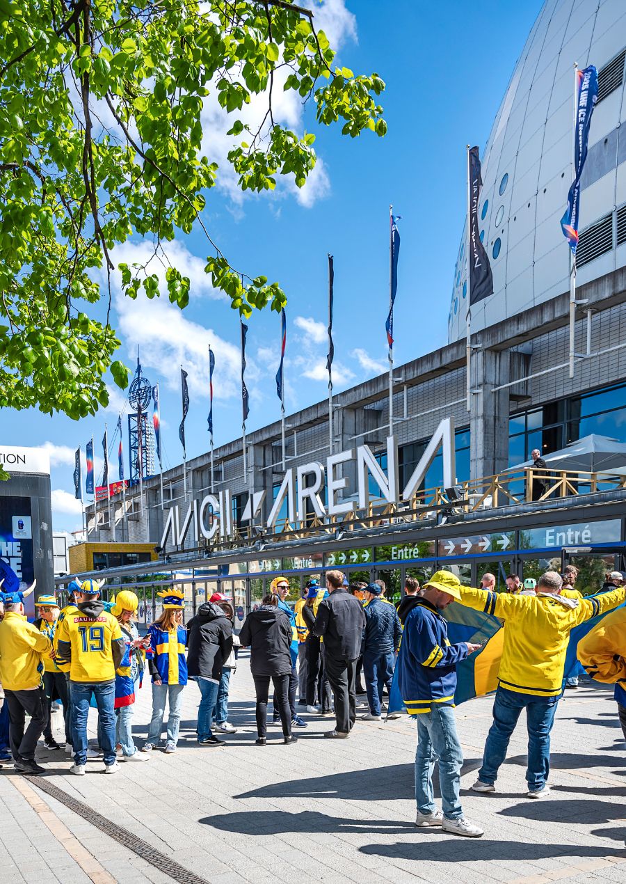 Fans outside of the Avicii Arena Stockholm Sweden design by HOK
