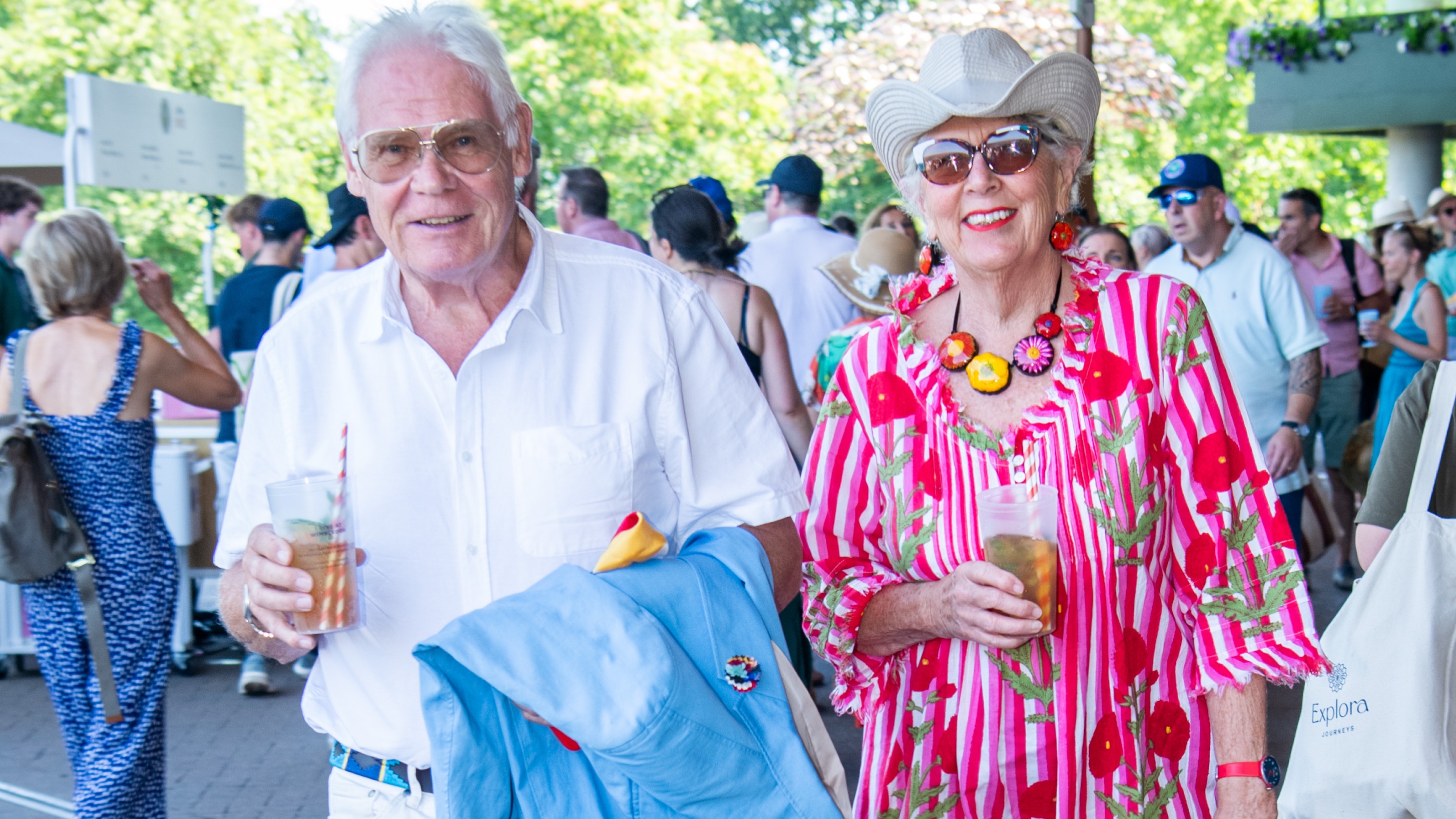 : John Playfair and Prue Leith with Pimm's, an Official Partner of Wimbledon, at All England Lawn Tennis and Croquet Club on July 11, 2025 in London, England. (Photo by Antony Jones/Getty Images for Pimm's)