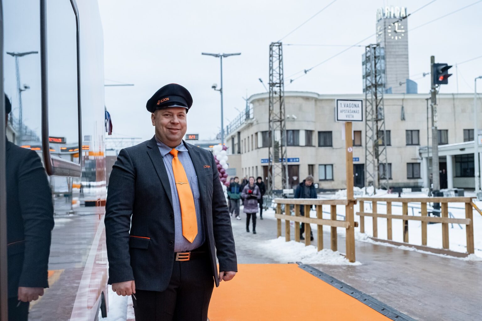 Elron train staff at Riga station at the inauguration of the new Tartu-Riga line on January 5.
