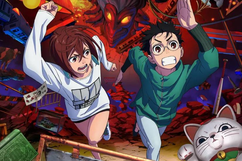 A cropped image of a purple-haired anime girl and a boy wearing glasses run from a ghost-like threat in the promotional art for Dandadan