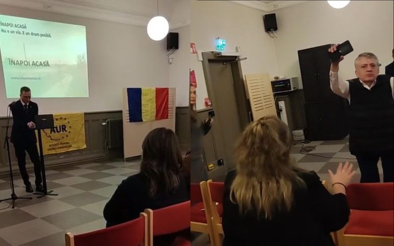 Scandal at an AUR event in the Diaspora. A Romanian, removed from the hall after criticizing the party and George Simion: "Shame on you! You don't care about your country!"