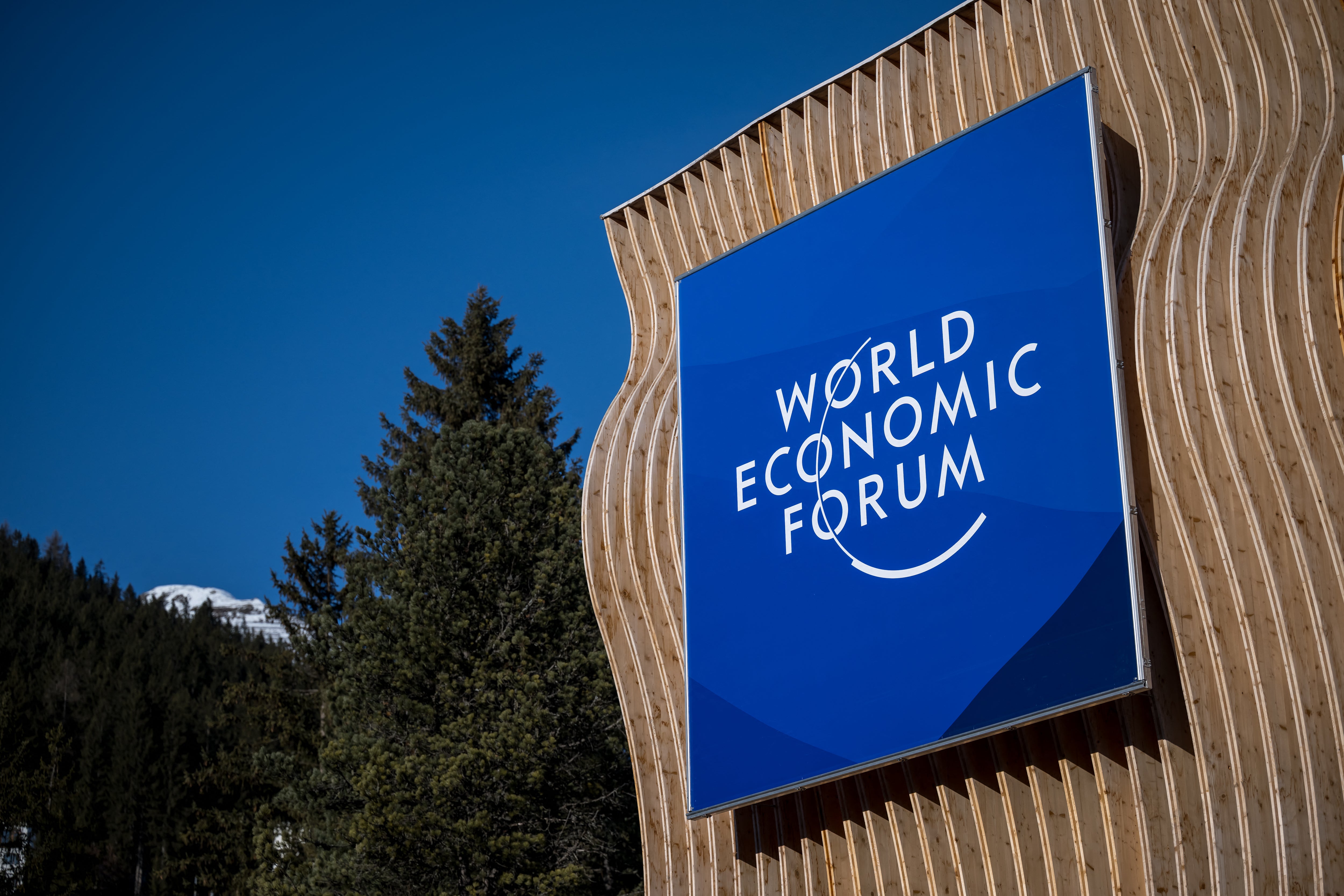 Thia photograph shows a sign displayed by the World Economic Forum (WEF) on the eve of the WEF annual meeting in Davos