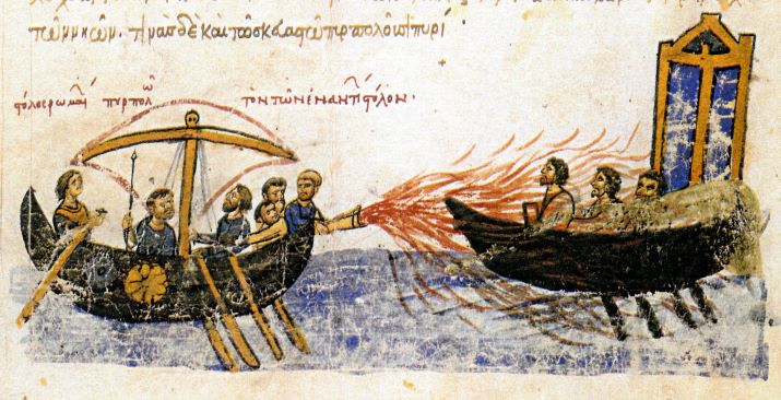 A Byzantine ship using Greek fire against a ship. On top, Greek alphabet in Byzantine form.