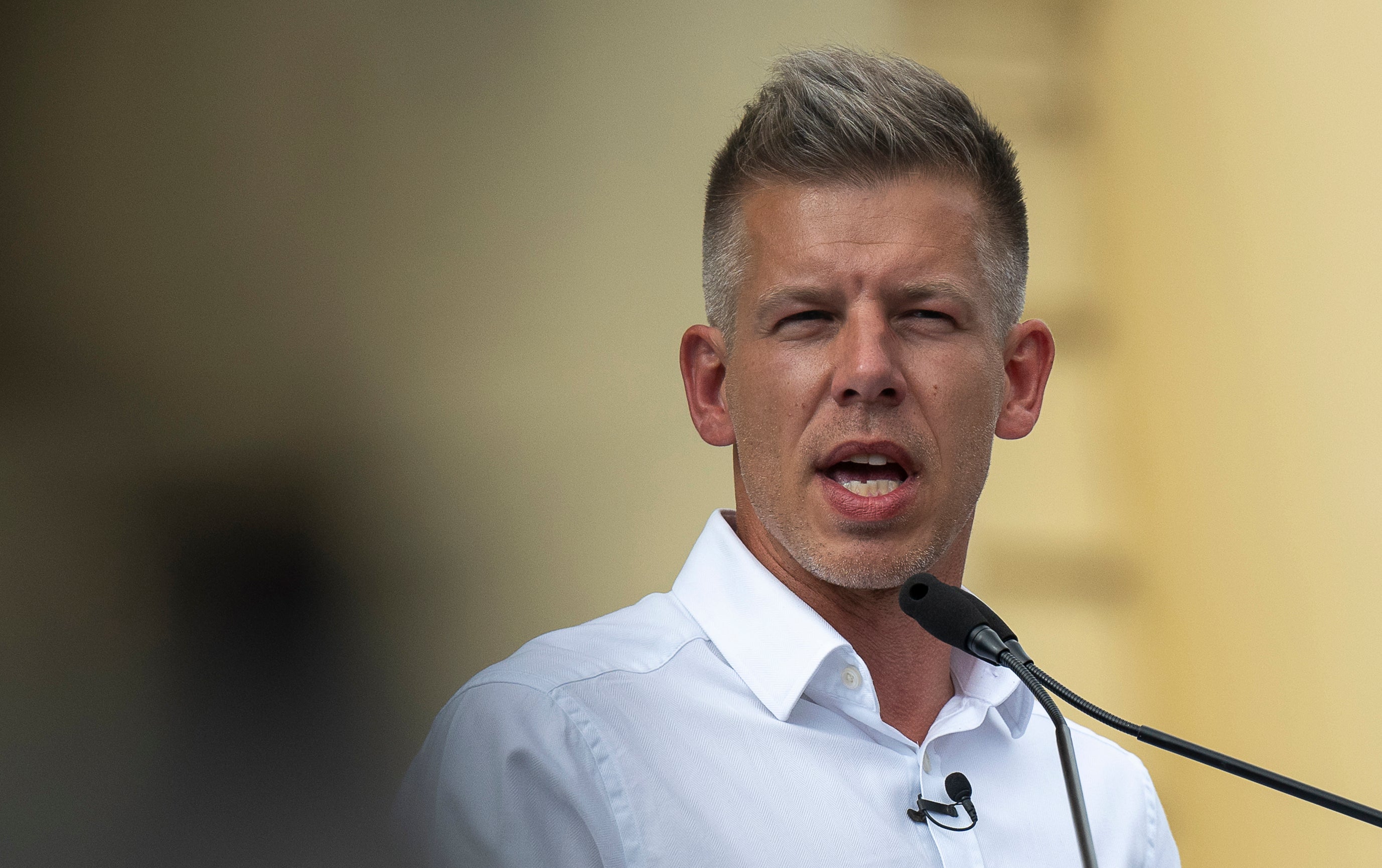 Péter Magyar addresses people at a campaign rally in the rural city of Debrecen, Hungary.