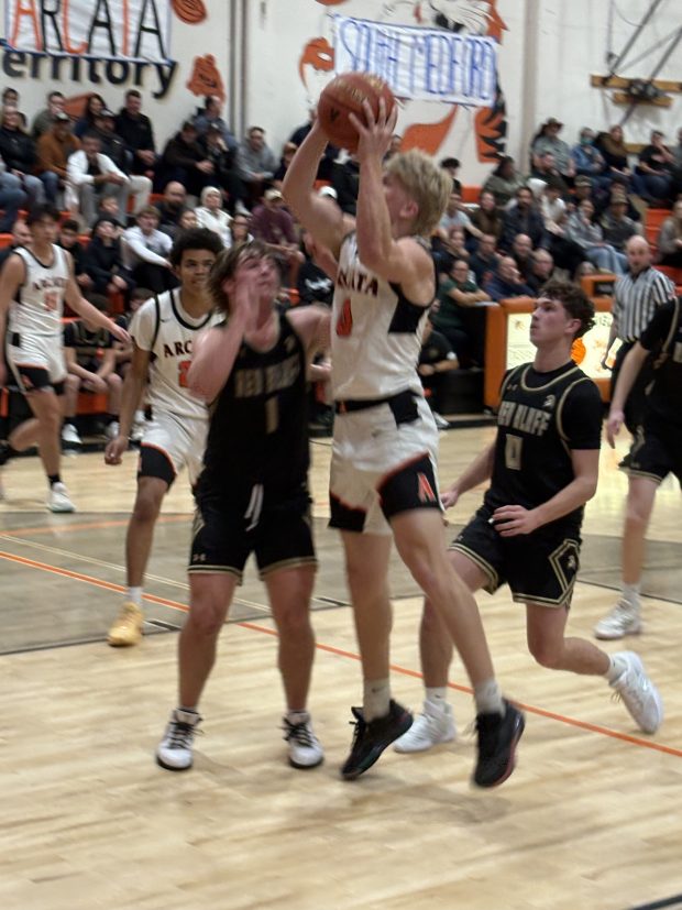 Luke Lemke goes up for two against Red Bluff in early-season tournament play. Lemke scored 51 against Fortuna on Thursday night. (Ken McCanless/Times-Standard file photo)