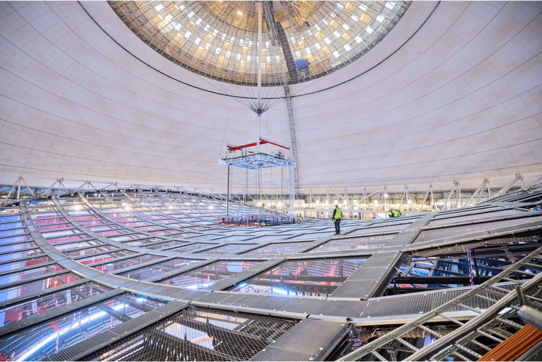 Panel system and rigging grid on the acoustic ceiling at Avicii Arena Stockholm Sweden design by HOK