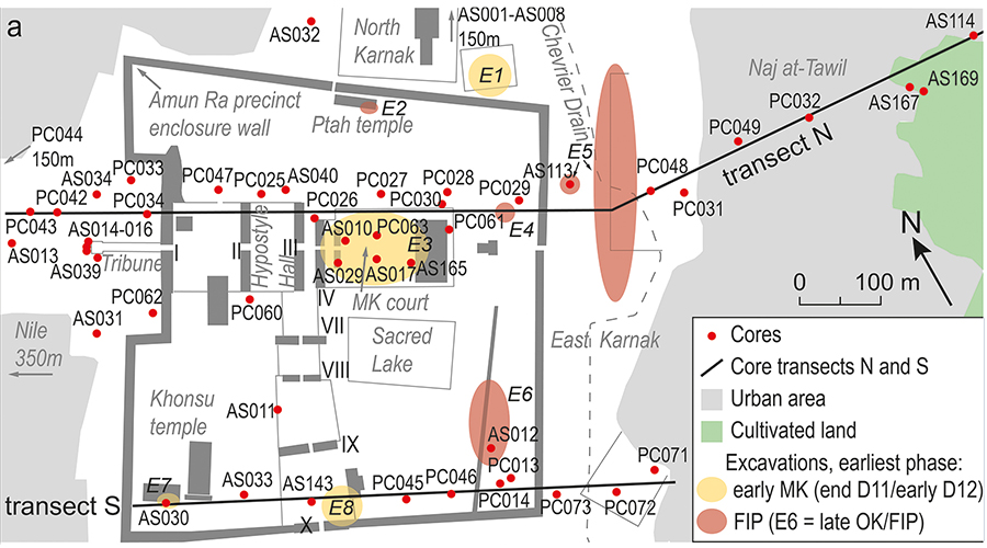 (a) Plan of the Temple of Amun-Ra at Karnak showing pylons (Roman numerals) and key excavation areas: E1 Karnak North; E2 Ptah Temple; E3 Middle Kingdom Court; E4 Osirian Catacombs; E5 East Karnak; E6 Southeast Sacred Lake; E7 Opet Temple; E8 Tenth Pylon Court. The Chevrier Drain is modern. MK = Middle Kingdom; FIP = First Intermediate Period. Credit: Pennington, T.B. 2025, Antiquity